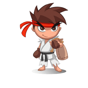 Personagem infantil em estilo caricato, vestido com um kimono branco e faixa vermelha na cabeça, segurando uma sacola e mostrando um sorriso confiante, ideal para temas de artes marciais.
