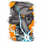 Ilustração de uma figura imponente com feições musculosas, cercada por relâmpagos, destacando um fundo laranja vibrante. A cena transmite uma sensação de poder e dramaticidade.