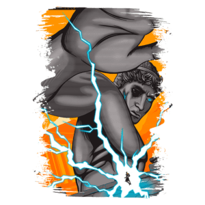 Ilustração de uma figura imponente com feições musculosas, cercada por relâmpagos, destacando um fundo laranja vibrante. A cena transmite uma sensação de poder e dramaticidade.