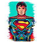 Super-homem estilizado em arte colorida com fundo azul, destacando seu icônico símbolo em vermelho e amarelo.