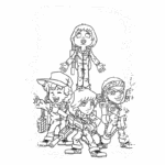 Ilustração em preto e branco de quatro personagens infantis, cada um com trajes de aventura e equipamentos. Os personagens estão em poses dinâmicas, prontos para uma missão, transmitindo energia e diversão. Ideal para conteúdo relacionado a histórias em quadrinhos ou animações.