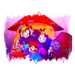 Imagem colorida dos personagens animados do desenho "Animaniacs", com estilo urbano e grafites ao fundo, mostrando três personagens divertidos com spray de tinta em mãos, em um ambiente vibrante e criativo.