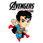 Ilustração de um super-herói estilo cartoon, vestido com um traje azul e vermelho, voando com uma expressão determinada. O logotipo de "Avengers: Endgame" da Marvel Studios aparece atrás do personagem, destacando a fusão de universos de quadrinhos.