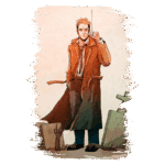 Homem com cabelo loiro e vestido com um longo casaco marrom, posando em um cenário sombrio com lápides ao fundo, simbolizando temas de mistério e sobrenatural.