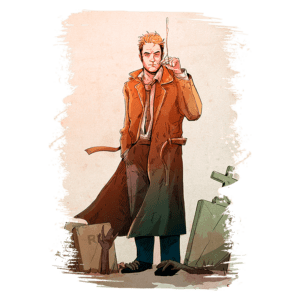 Homem com cabelo loiro e vestido com um longo casaco marrom, posando em um cenário sombrio com lápides ao fundo, simbolizando temas de mistério e sobrenatural.