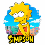Imagem da Lisa Simpson, personagem icônica do desenho animado "Os Simpsons", com fundo colorido de Springfield, incluindo elementos como a escola e a usina nuclear.