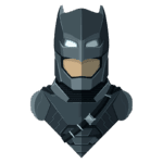 Imagem de um super-herói estilo cartoon, com traje escuro e capuz, representando um personagem inspirado em um vigilante noturno. O design inclui detalhes como ombreiras e uma faixa no peito, destacando seu olhar determinado.