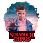 Imagem do personagem Eleven da série "Stranger Things", com cabelo curto e roupa azul, fazendo um gesto de ataque. O fundo apresenta um céu dramático ao entardecer, com silhuetas de pássaros, enquanto o título "STRANGER THINGS" está destacado em letras vermelhas na parte inferior.