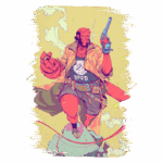 Ilustração do personagem Hellboy, vestido com uma camisa do B.P.R.D., segurando uma pistola na mão direita e uma mão metálica na esquerda, em uma pose dinâmica sobre uma rocha. O fundo apresenta tons suaves com detalhes de fumaça e folhas. Ideal para fãs de quadrinhos e cultura pop.