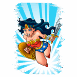 Mulher Maravilha em estilo de desenho animado, voando com um escudo e uma espada, usando seu icônico traje vermelho, azul e amarelo, com estrelas brancas, em um fundo de raios azuis.