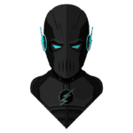 Ilustração de um super-herói com máscara preta e detalhes em azul, representando uma versão estilizada do Flash, destacando seu emblema de raio no peito.
