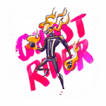 Ilustração do personagem Ghost Rider, com cabelo em chamas, vestindo um traje preto e segurando chamas nas mãos, em um fundo com texto colorido.