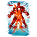Ilustração de Shazam e seu alter ego, Billy Batson, em um fundo vibrante azul. Shazam aparece imponente e musculoso, enquanto Billy exibe um sorriso e uma pose de super-herói. O título "SHAZAM!" é centralizado com um símbolo de raio, destacando a conexão mágica entre os dois personagens.
