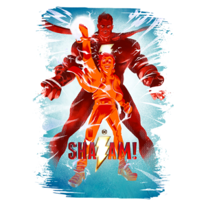 Ilustração de Shazam e seu alter ego, Billy Batson, em um fundo vibrante azul. Shazam aparece imponente e musculoso, enquanto Billy exibe um sorriso e uma pose de super-herói. O título "SHAZAM!" é centralizado com um símbolo de raio, destacando a conexão mágica entre os dois personagens.