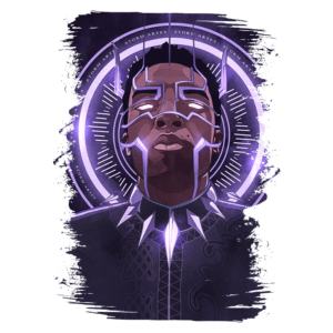 Arte digital de um personagem inspirado no universo dos super-heróis, retratando uma figura masculina com vestimenta preta e detalhes em roxo, cercada por um design circular iluminado. A imagem evoca poder e resistência, simbolizando liderança e força. Ideal para fãs de quadrinhos e cultura pop.