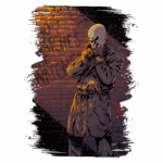 Personagem de capa escura em um cenário urbano, com parede de tijolos e grafite que diz "NO WATCHES". A expressão é sombria e enigmática, transmitindo uma atmosfera de mistério e vigilância. Ideal para exploradores de histórias em quadrinhos e cultura pop.