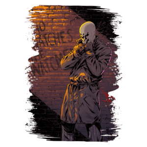 Personagem de capa escura em um cenário urbano, com parede de tijolos e grafite que diz "NO WATCHES". A expressão é sombria e enigmática, transmitindo uma atmosfera de mistério e vigilância. Ideal para exploradores de histórias em quadrinhos e cultura pop.