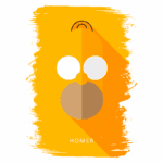 Ilustração minimalista do personagem Homer Simpson, com fundo amarelo e formas simples representando seu rosto e características icônicas.