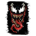Ilustração do personagem Venom com uma expressão ameaçadora, destacando dentes afiados, língua longa e elementos de design em cores preta e vermelha, sobre um fundo escuro. Ideal para fãs de quadrinhos e cultura pop.