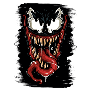 Ilustração do personagem Venom com uma expressão ameaçadora, destacando dentes afiados, língua longa e elementos de design em cores preta e vermelha, sobre um fundo escuro. Ideal para fãs de quadrinhos e cultura pop.