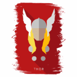 Imagem estilizada do personagem Thor, com cabelo loiro e capacete prateado, em fundo vermelho. Representação gráfica simples e moderna do deus nórdico do trovão.