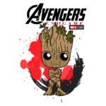 Personagem Groot do filme "Vingadores: Ultimato", com estilo cartoon, cercado por manchas vermelhas e o logotipo da Marvel Studios no topo.