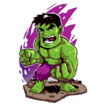 Personagem Hulk em estilo cartoon, com pele verde, músculos proeminentes e roupas rasgadas, mostrando uma expressão de raiva e determinação. Fundo com toques de roxo, destacando sua força e energia. Ideal para fãs de quadrinhos e cultura pop.