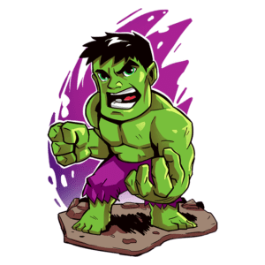 Personagem Hulk em estilo cartoon, com pele verde, músculos proeminentes e roupas rasgadas, mostrando uma expressão de raiva e determinação. Fundo com toques de roxo, destacando sua força e energia. Ideal para fãs de quadrinhos e cultura pop.