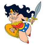 Ilustração da Mulher-Maravilha, personagem icônica da DC Comics, em pose de ação, empunhando uma espada e um escudo. A heroína é conhecida por sua força e coragem, vestindo um traje vermelho, azul com estrelas e acessórios dourados.