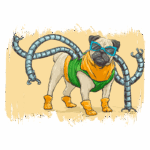 Pug estilizado usando óculos grandes e um traje colorido, com braços mecânicos ao redor, em um fundo simples e vibrante. Ideal para ilustrações divertidas e criativas envolvendo cães e tecnologia.
