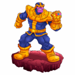 Thanos, personagem poderoso da Marvel, em uma pose imponente com a Manopla do Infinito, destacando suas joias. Ele é retratado em um pedestal rochoso, com cores vibrantes e um design estilizado.