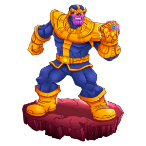 Thanos, personagem poderoso da Marvel, em uma pose imponente com a Manopla do Infinito, destacando suas joias. Ele é retratado em um pedestal rochoso, com cores vibrantes e um design estilizado.