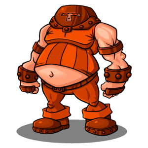 Personagem de desenho animado robusto, vestindo uma armadura laranja, com um capacete e acessórios de metal, destacando um estilo engraçado e exagerado. Ideal para ilustrações de jogos ou histórias em quadrinhos.