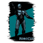 Imagem do RoboCop, um icônico personagem de ficção científica, vestido com uma armadura futurista e segurando uma arma. O fundo apresenta um padrão gráfico em azul e preto, destacando sua figura imponente.