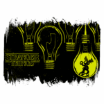 Ilustração inspirada em Stranger Things, apresentando lâmpadas amarelas e um design sombrio, com a frase "Stranger Things" em destaque. A lâmpada central contém uma figura enigmática, evocando a atmosfera da série.