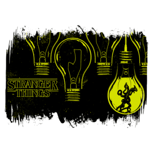Ilustração inspirada em Stranger Things, apresentando lâmpadas amarelas e um design sombrio, com a frase "Stranger Things" em destaque. A lâmpada central contém uma figura enigmática, evocando a atmosfera da série.