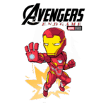 Imagem do personagem Iron Man em estilo cartoon, parte do filme "Avengers: Endgame" da Marvel Studios, com o logotipo do filme acima. Iron Man aparece em uma pose dinâmica, com a mão levantada, pronto para ação.