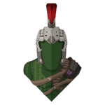 Personagem de fantasia com armadura e capacete prateado, destacando um penacho vermelho, vestindo uma túnica verde e com detalhes de equipamentos de combate. Ideal para temas de jogos, arte digital e cultura pop.