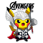 Pikachu vestido como Thor, com um capacete de batalha, capa vermelha e martelo, enquanto a logo de "Avengers: Endgame" aparece ao fundo.