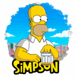Homer Simpson segurando um copo de cerveja, com fundo colorido de Springfield, representando a série animada "Os Simpsons".