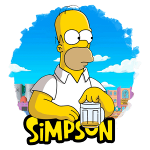 Homer Simpson segurando um copo de cerveja, com fundo colorido de Springfield, representando a série animada "Os Simpsons".