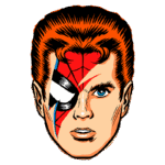 Ilustração de um personagem com cabelo ruivo, rosto dividido: um lado apresenta a máscara do Homem-Aranha e o outro lado tem um design estilizado com um olho azul. Ideal para fãs de quadrinhos e cultura pop.