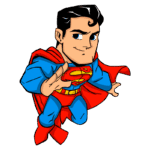 Super-herói Superman em pose dinâmica, vestindo seu icônico traje azul e vermelho, incluindo capa e logotipo no peito.