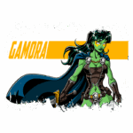 Imagem da personagem Gamora, uma guerreira verde dos quadrinhos, com cabelos longos e escuros, vestindo uma armadura com detalhes em caveira e um manto azul. Ao fundo, o nome "GAMORA" em letras amarelas.
