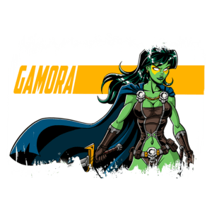 Imagem da personagem Gamora, uma guerreira verde dos quadrinhos, com cabelos longos e escuros, vestindo uma armadura com detalhes em caveira e um manto azul. Ao fundo, o nome "GAMORA" em letras amarelas.