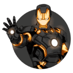 Imagem de um super-herói com armadura preta e detalhes laranja, semelhante ao Iron Man, fazendo um gesto de saudação. O personagem exibe um sorriso confiante e um brilho intenso em seu peito. Ideal para temas de quadrinhos e cultura pop.