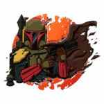 Ilustração de um personagem inspirado em Boba Fett, vestido com armadura característica, segurando uma arma e envolto em um manto. O fundo é vibrante com chamas laranja, destacando o tema de ação e aventura.