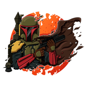 Ilustração de um personagem inspirado em Boba Fett, vestido com armadura característica, segurando uma arma e envolto em um manto. O fundo é vibrante com chamas laranja, destacando o tema de ação e aventura.