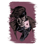 Ilustração de um personagem com cabelo escuro e longo, vestindo um casaco. Ele segura uma carta de baralho com um símbolo de coração, against a background with intricate designs em tons de roxo.