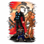 Ilustração de Thor, Rocket Raccoon e Groot em estilo de quadrinhos, com fundo espacial vibrante. Thor empunha um machado e está vestido com uma armadura negra, enquanto Rocket segura uma arma e Groot se destaca ao lado dele. A imagem evoca a temática de super-heróis e aventuras intergalácticas.